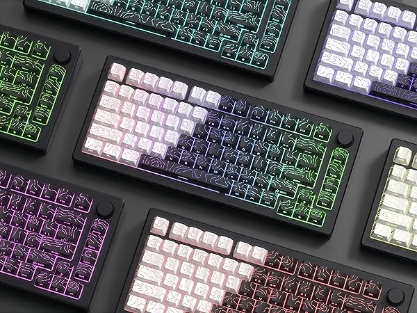 Double Shot PBT keycap Set,White/Black Topographic Keyboard keycaps,Shine Through Custom keycap