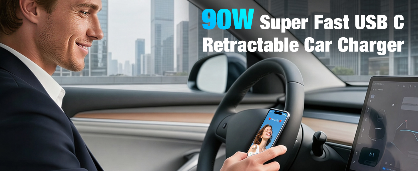 90W 2 Port Retractable Car Charger USB C Adapter for iPhone 17 16 15 14 13 12, Samsung, Black