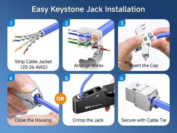 10Gbps 6-Pack RJ45 Shielded Cat6A / Cat6 Keystone Jack with Integrated Shutter