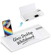 Glass Desktop Whiteboard with Calculator &amp; Storage, Desk Dry Erase Note Board, Compact Desk Organ...