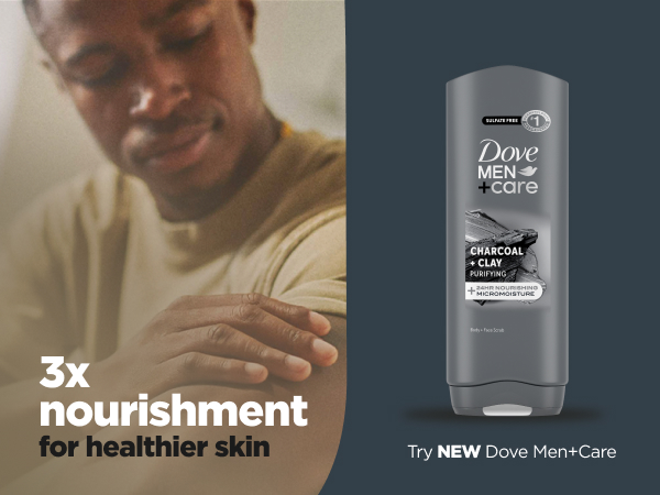 Headline talking about 3x nourishment for healthier skin, next to the product &amp; a man applying it.