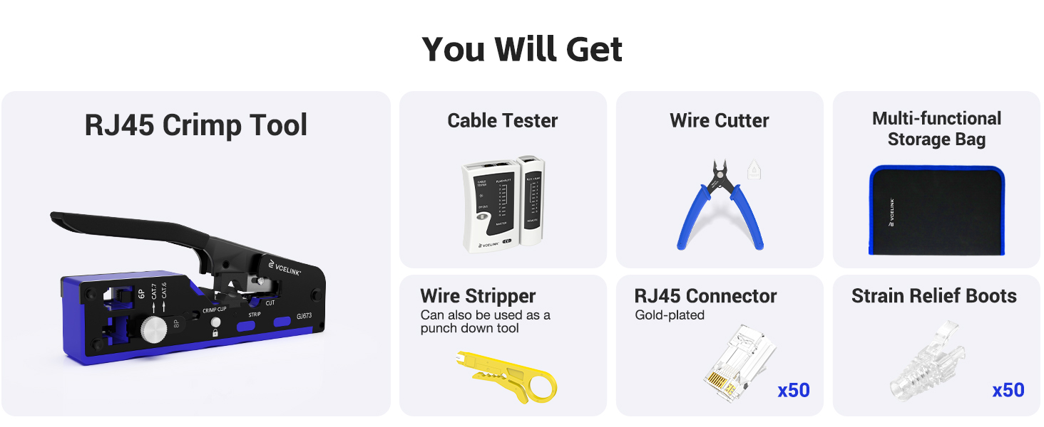 Network Tool Set with an Ethernet Crimper, Cable Tester, Wire Stripper and Cutter in Cloth Bag