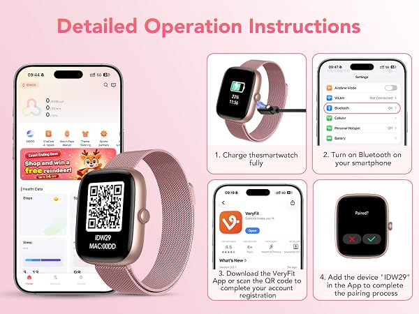 Text reads 'Detailed Operation Instructions'. Instructional guide showing smartwatch with pink mesh band on smartphone screen with app interface, QR code scanning, and Bluetooth pairing steps across six numbered demonstration panels.