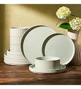 Famiware Star 12-Piece Stoneware Dinnerware Set for 4 – Green, Ceramic Ribbed Plates and Bowls – ...