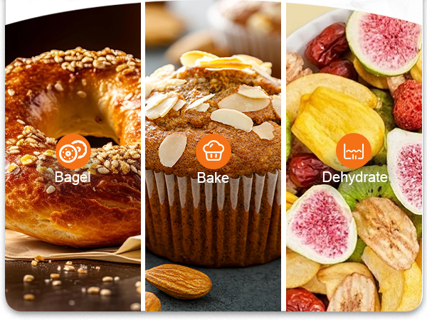 Toast bagel bake muffins bake cookies dehydrate fruits apple orange banana warm snacks