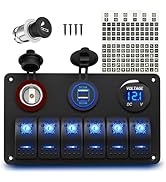 RVBOATPAT 6 Gang Marine Switch Panel Boat Switch Panel Waterproof 12V Rocker Switch Panel Blue LE...