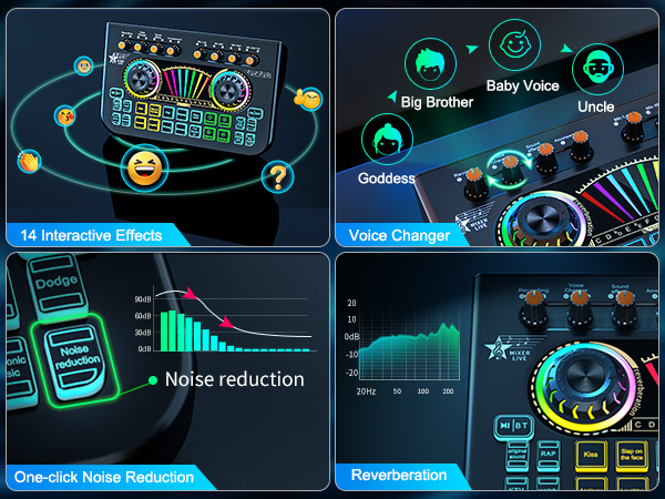 live sound card with dj mixer effects &amp; voice changer soundboard usb audio interface