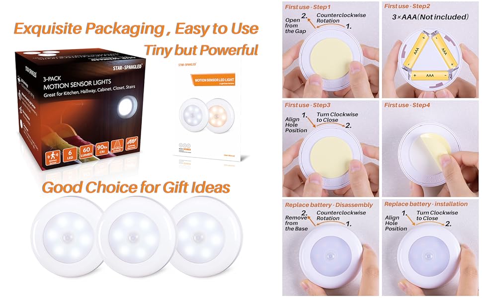 LED Motion Sensor Lights, Stick on Lights, Puck Lights, Closet Lights,Night Lights, STAR-SPANGLED