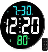 Amgico Round Wall Clock 9" Large Display, Calendar, Adjustable Dimming, Temperature, Loud Alarm C...