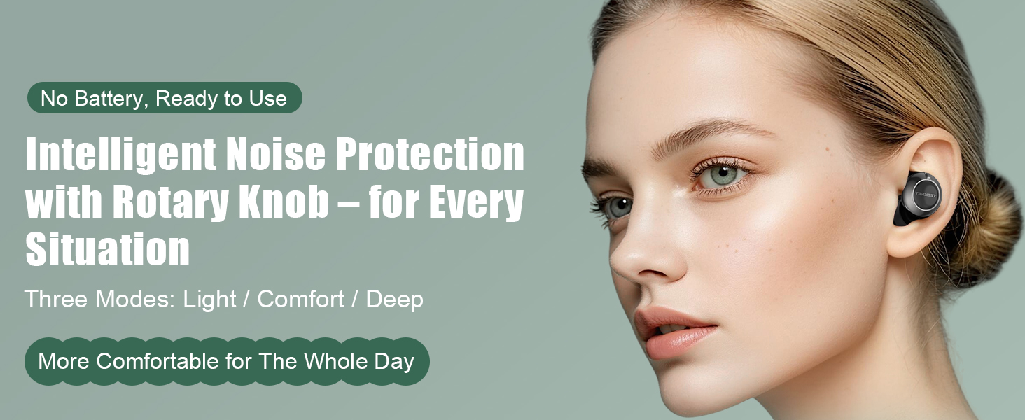 Text reads: 'No Battery, Ready to Use', 'Three Modes: Light/Comfort/Deep', 'More Comfortable for The Whole Day', 'Intelligent Noise Protection'. Wireless earbuds product image showing device with rotary knob control.