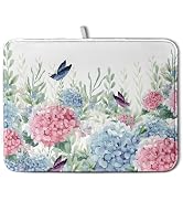 Spring Flowers Dish Drying Mat for Kitchen Counter Blue Pink Hydrangea Floral Drying Mats Absorbe...