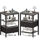 SUPERJARE Nightstand Set of 2, Bed Side Tables with Charging Station, Adjustable Fabric Drawer, N...