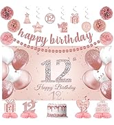 Roetyce 12th Birthday Decorations for Girls, 20PCS Rose Gold 12th Birthday Banner Pom Poms Hangin...