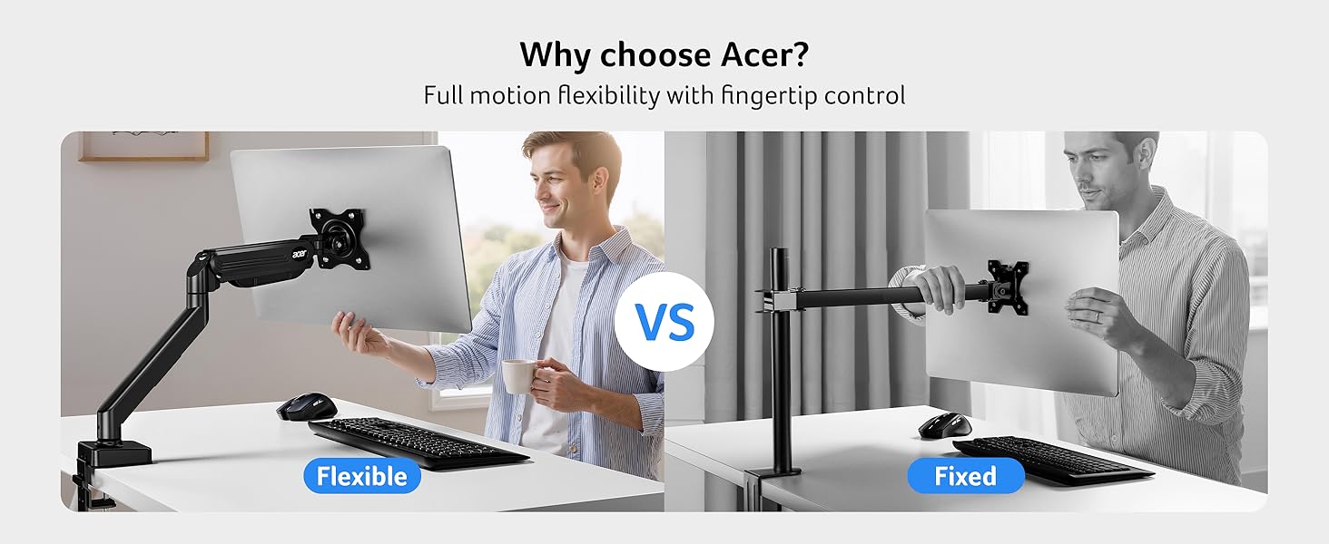 Three comparison panels showing an adjustable ergonomic setup with monitor and keyboard mounts in different positions against a white background.
