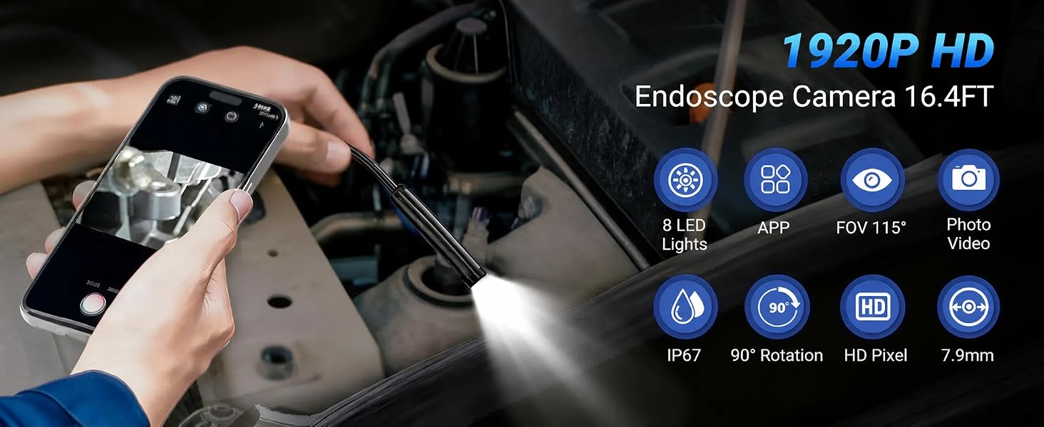 Endoscope Camera with Light, 1920P HD borescope Camera