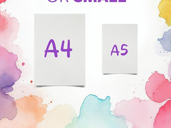 Text reads 'A4 A5'. Abstract watercolor background in soft pink and peach tones with white spaces.