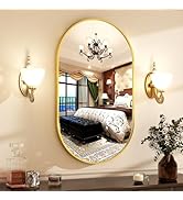 HARRITPURE 22" x 38"Oval Bathroom Mirror Wall Mounted Chic Brushed Metal Frame Hang Vertically &amp; ...