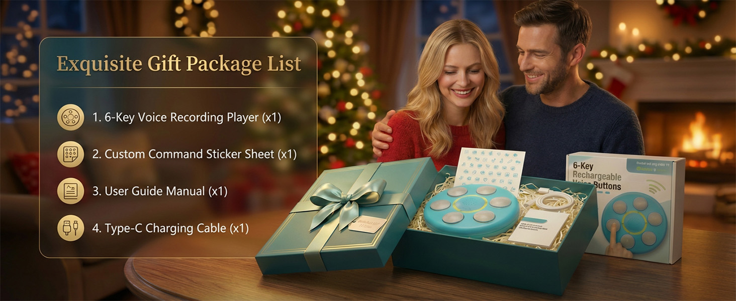 6-key voice recording button gift set,stickers, manual and Type-C cable displayed in holiday giftbox