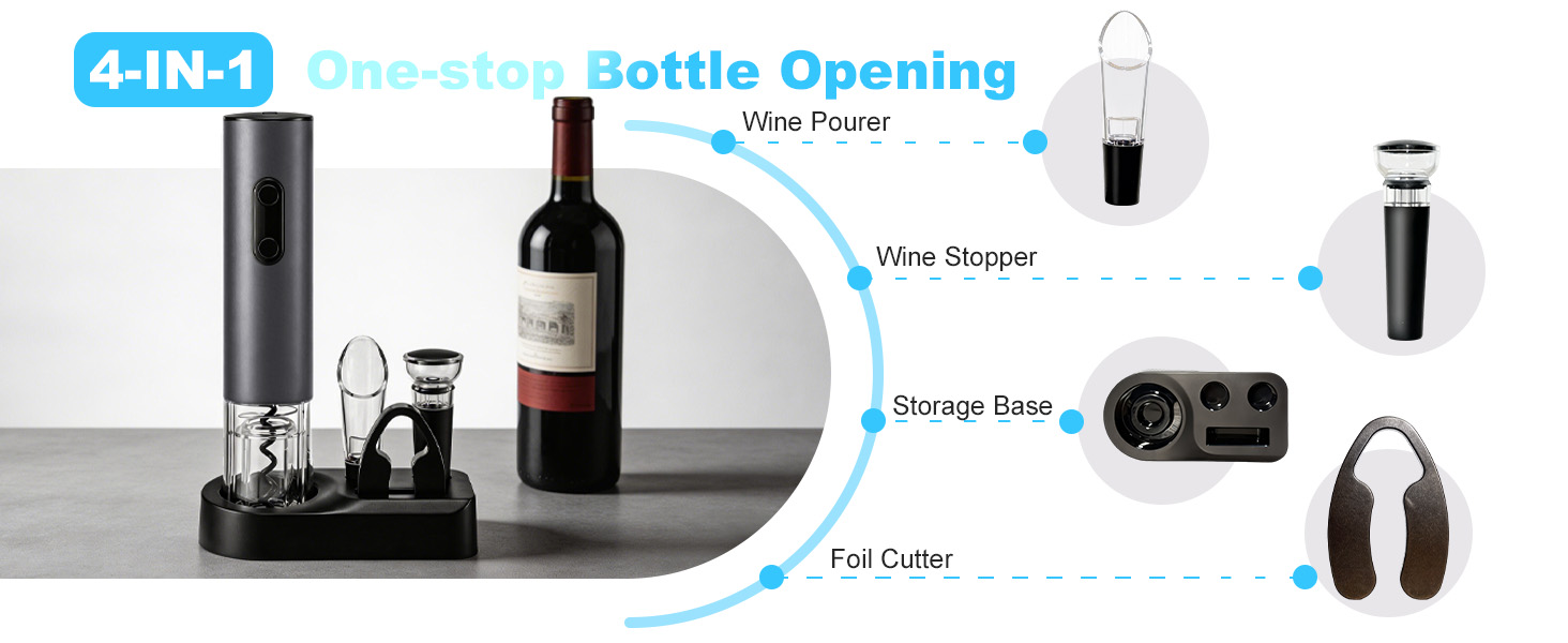 4-in-1 one-stop bottle opening with wine pourer, wine stopper, foil cutter and storage base