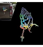 YAWUROU Praying Hands Car Decal, 10.23" x 6.29" Gradient Color Reflective Rosary Crucifixion Wind...
