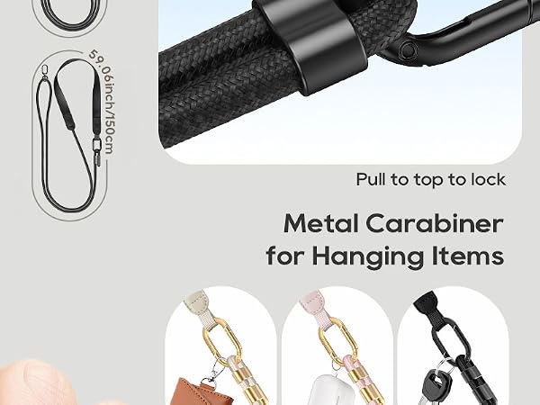 Text reads 'Metal Carabiner' and 'Pull to top to lock' and 'For Hanging Items'. Product images showing metal carabiner clips in silver and gold finishes with locking mechanism demonstration.