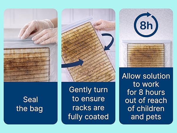 Carbona oven rack cleaner soak process to break down tough grease and baked-on food on racks