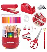 Office Supplies,Red Desk Accessories,Office Supplies Set,Desk Organizer,Stapler,Tape Dispenser,Sc...