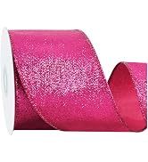 RIBBOOO Hot Pink Glitter Ribbon, 2.5 Inch 10 Yards Sparkly Wired Edge Fabric Ribbon for Craft, Wr...