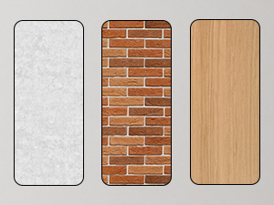 Three rectangular panels showing different surface textures: smooth white, red brick, and light wood grain. Likely samples for interior design or construction.