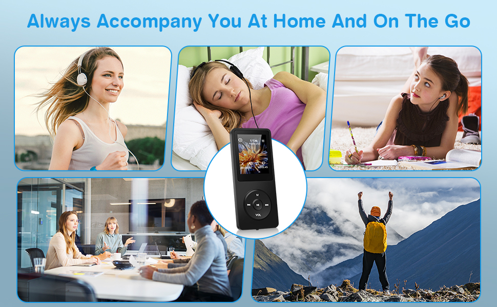 Portable media player shown in center, surrounded by images of people using it in various settings: outdoors, exercising, and relaxing.