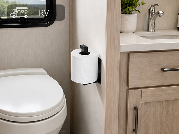 No-drill black toilet paper holder for RV bathroom, camper restroom wall mount beside toilet