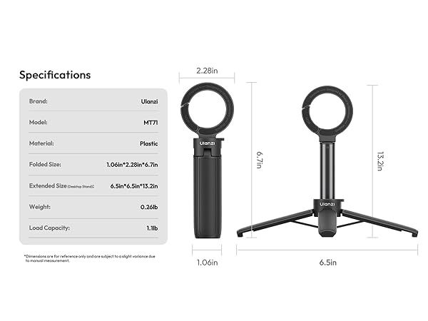 Technical specifications diagram showing measurements and dimensions for what appears to be ring light equipment with stands and mounting options.