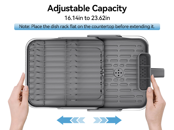 Text reads 'Adjustable Capacity 16.1cm to 23.6cm' and 'Note: Place the dish rack flat on the countertop before extending it.' Gray expandable dish rack with hands demonstrating expansion, blue directional arrows showing extension.
