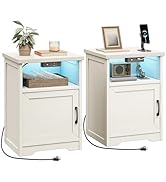 AODK Farmhouse Nightstand Set of 2, Side Table with Charging Station &amp; LED Lights, End Tables wit...