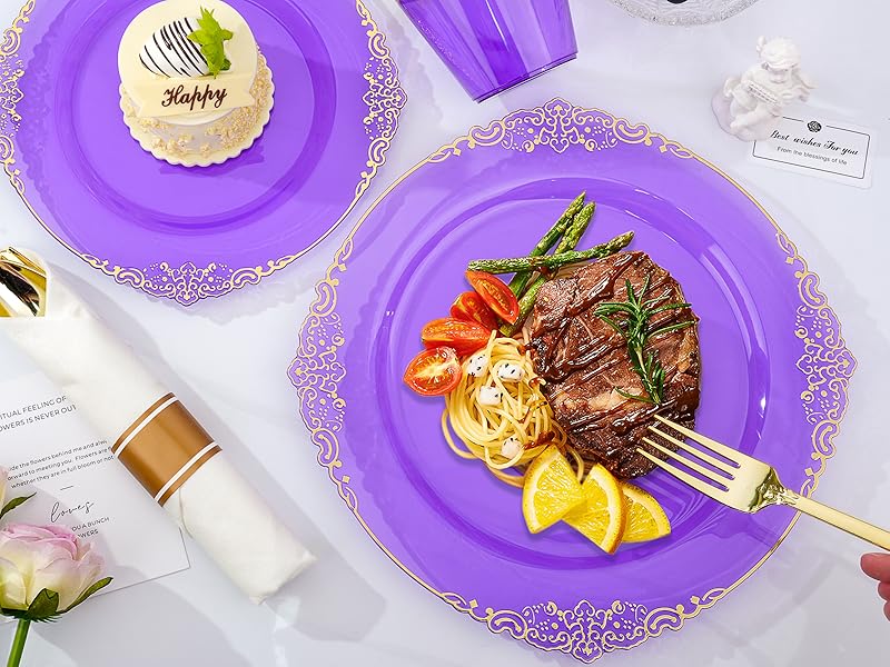 Purple and gold dinnerware set