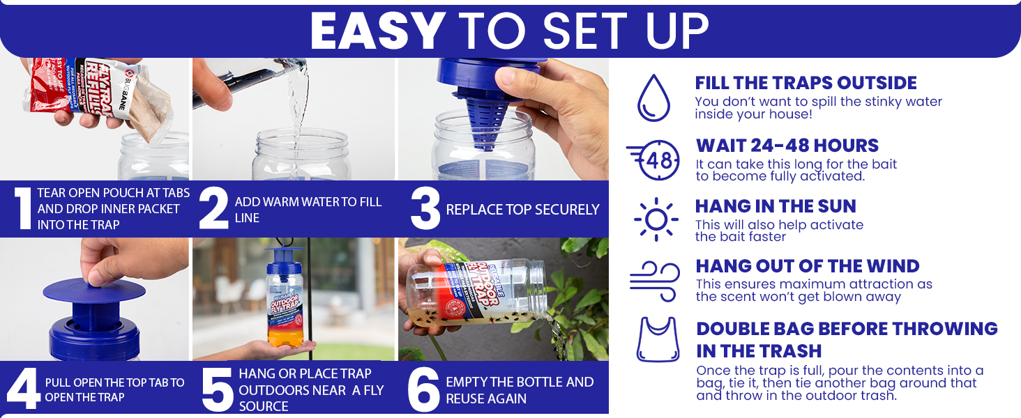 Easy to set up fly killer outdoor. Just add water to house fly trap. Best fly repellent outdoor