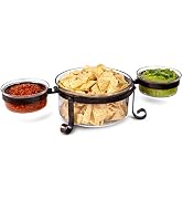 BIRDROCK HOME Chip and Dip Serving Bowl Set - Triple Glass Bowls with Metal Frame - Salsa Appetiz...