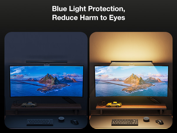 Side-by-side comparison of computer monitors displaying coastal mountain scenes. Left monitor emits blue light, right uses warm-toned lighting, demonstrating blue light reduction technology for eye protection.