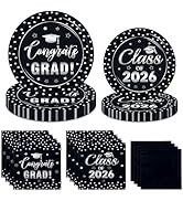 Juweked Black and Silver Graduation Paper Plates and Napkins Serve 50, Polka Dots Graduation Deco...