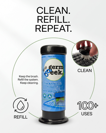 Germ Geek cleaner highlighting 100+ uses, refillability, and reusable brush.