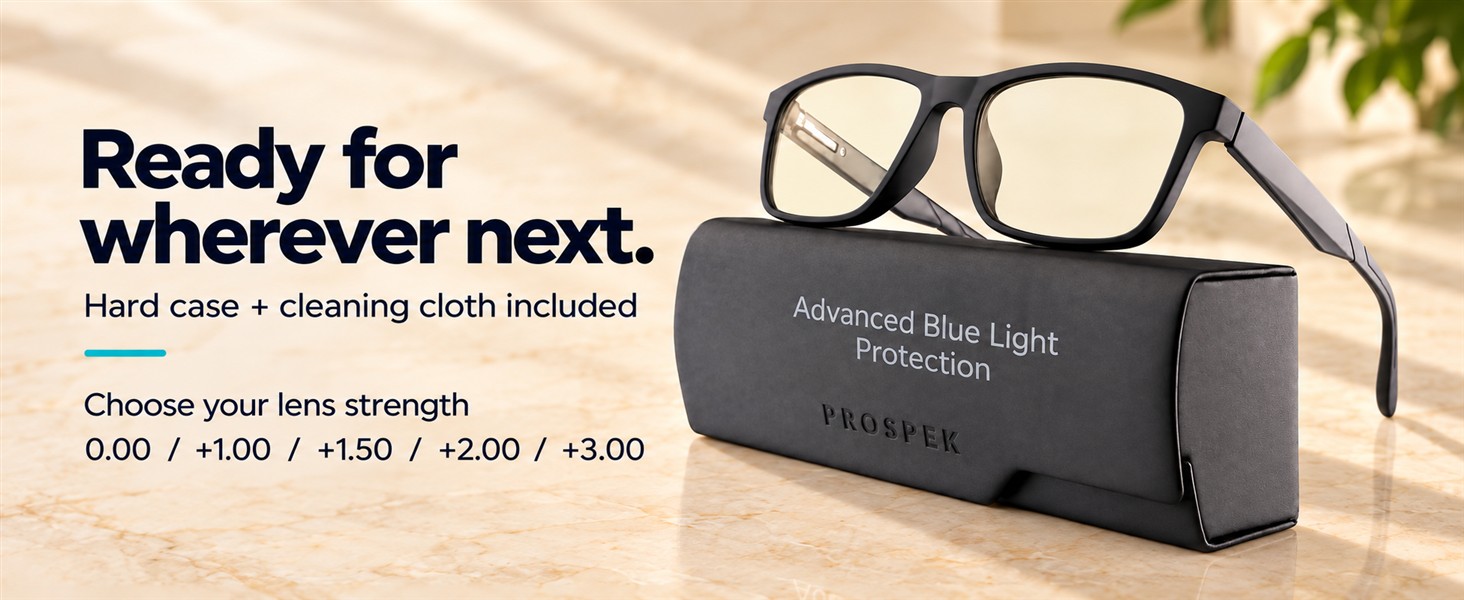 ZR-970 glasses on the included PROSPEK hard case, with available lens strengths.