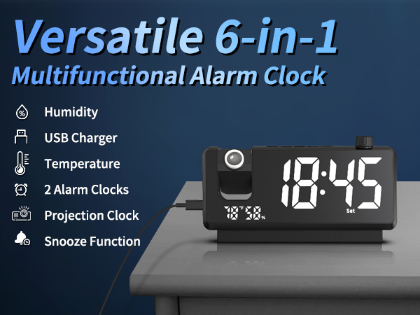 6-in-1 Alarm Clock w/ Projection, Temp/Humidity, Dual Alarms, Snooze &amp; USB