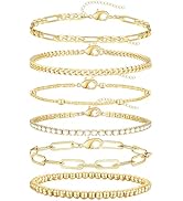 adoyi Gold Bracelets for Women, 14K Gold Plated Stackable Bracelet Stack Set Adjustable Charm Pap...