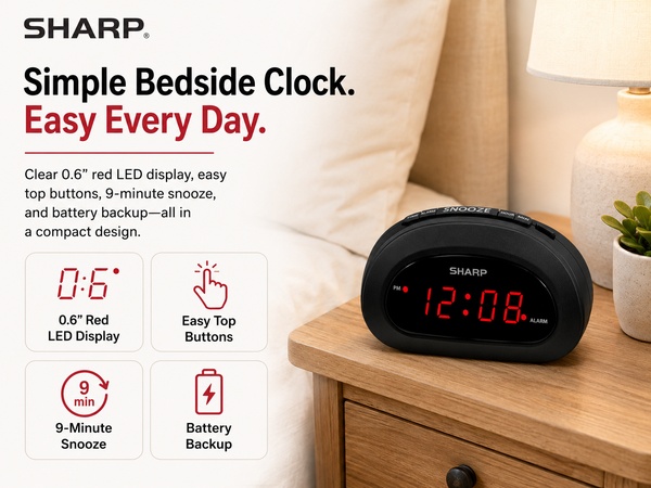 Easy setup, simple operation, 9-minute snooze, EZ to use bedroom, nightstand, kids, teens, seniors
