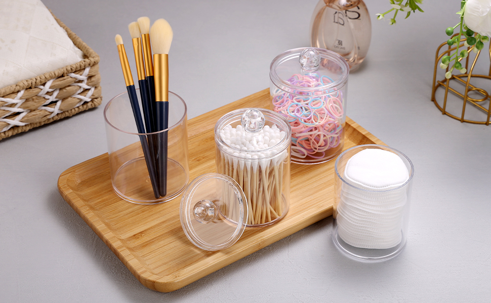Qtip Holder Dispenser ,Plastic Canister Apothecary Jar Set, Bathroom Essentials Accessories Decor