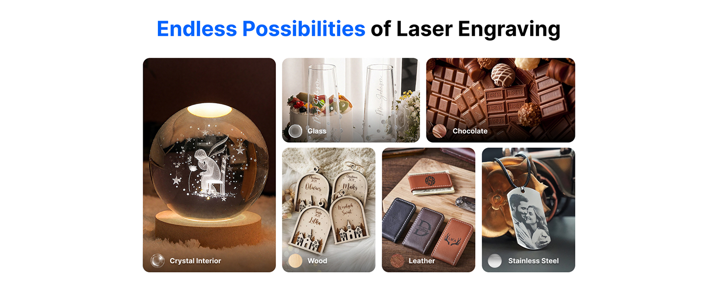 Text visible: 'Endless Possibilities of Laser Engraving'. Collection of images showing various laser-engraved items and products.