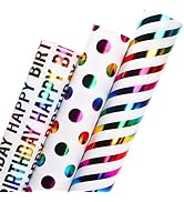 Ribbli Birthday Wrapping Paper Iridescent Gift Wrapping Paper Mini Roll, 3 Rolls Happy Birthday P...