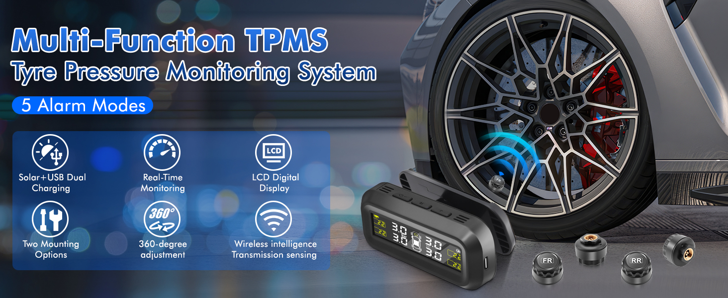 Tire pressure monitoring system device with digital display, showing real-time pressure and temperature. Features solar charging, alarm modes, and wireless connectivity. Showcased alongside a car wheel.