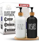 Sunrise Premium 16 OZ Thick White &amp; Black Glass Soap Dispenser, Bamboo Pump with Tray 2 Pack, Han...