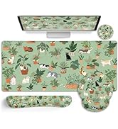 LIMKRIAN Cat Mouse Pad XXL Desk Mat Set, Green Plant Ergonomic Mouse Pad with Wrist Rest for Desk...